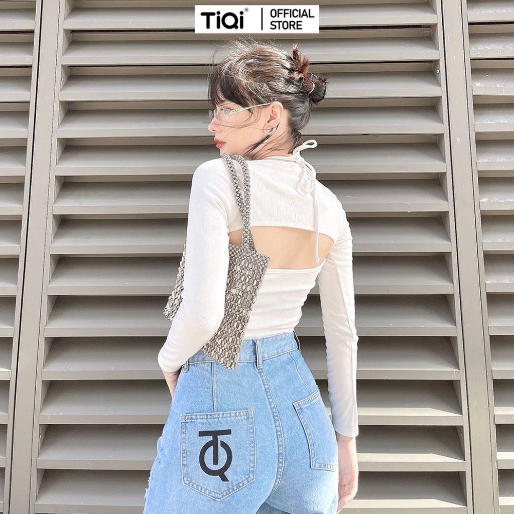  Áo croptop nữ dài tay ôm cổ yếm buộc dây hở lưng nhiều màu TiQi Jeans A-177 