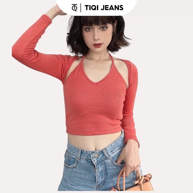  Áo croptop nữ dài tay ôm cổ yếm buộc dây hở lưng nhiều màu TiQi Jeans A-177 