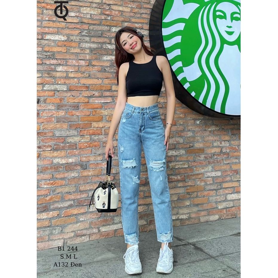  Quần Jean Baggy Nữ Rách Đùi Lưng Cao Tiqi Jeans B1-244 