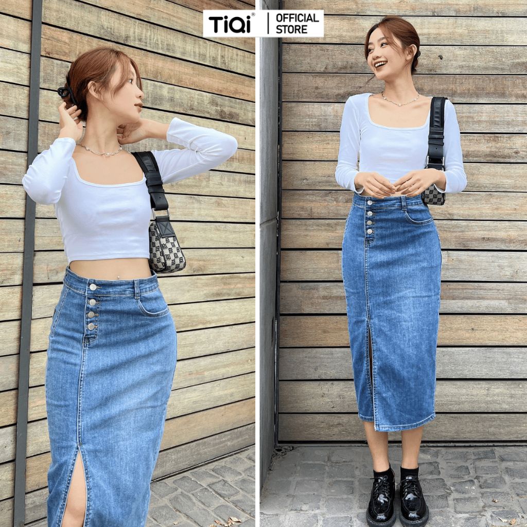  Chân Váy Jean Dáng Dài Xẻ Tà Co Giãn TiQi Jeans V1-231 