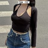  Áo croptop nữ dài tay ôm cổ yếm buộc dây hở lưng nhiều màu TiQi Jeans A-177 