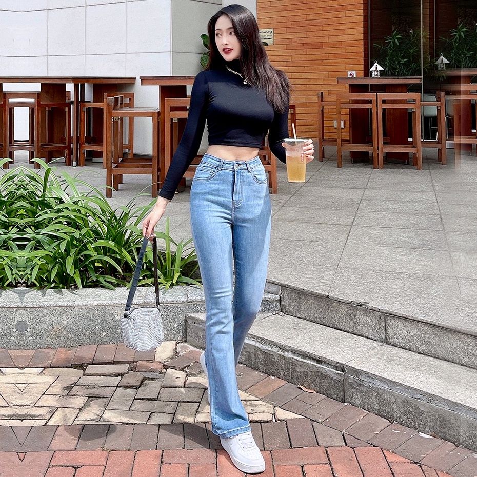  Quần Skinny Ống Loe Nữ Lưng Cao Vải Jean Denim Co Giãn Cao Cấp Tiqi Jean G1-518 