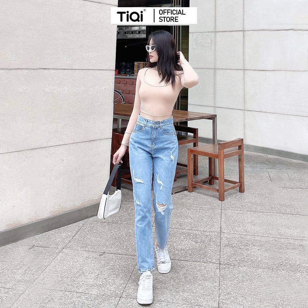  Quần baggy jean nữ rách gối cạp cao phong cách streetstyle Cao Cấp TiQi Jeans B1-221 