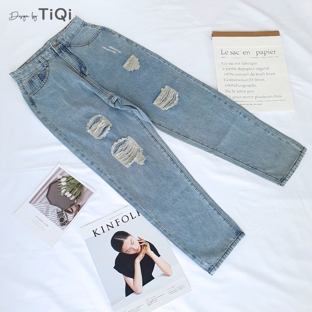  Quần baggy trơn jean cotton rách gối TiQi Jeans B1-203 