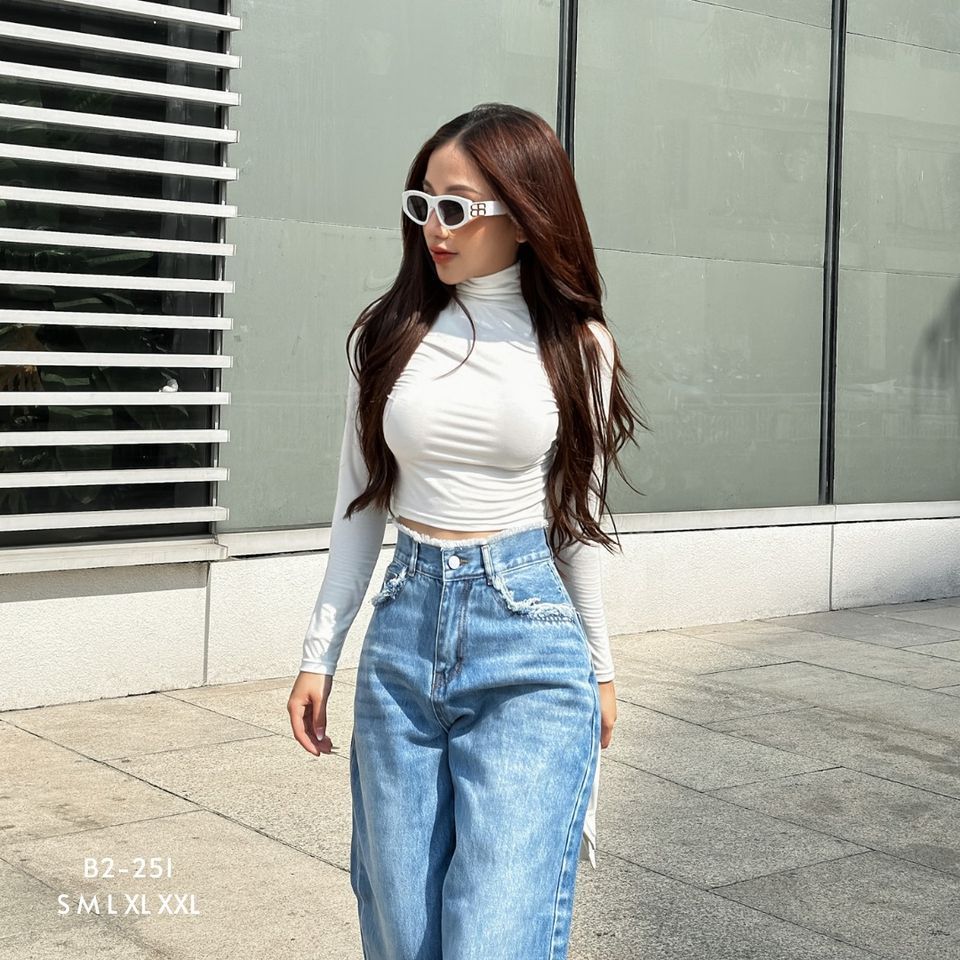  Áo croptop cổ lọ vải thun cotton tay dài trắng đen nude TiQi Jeans A133 