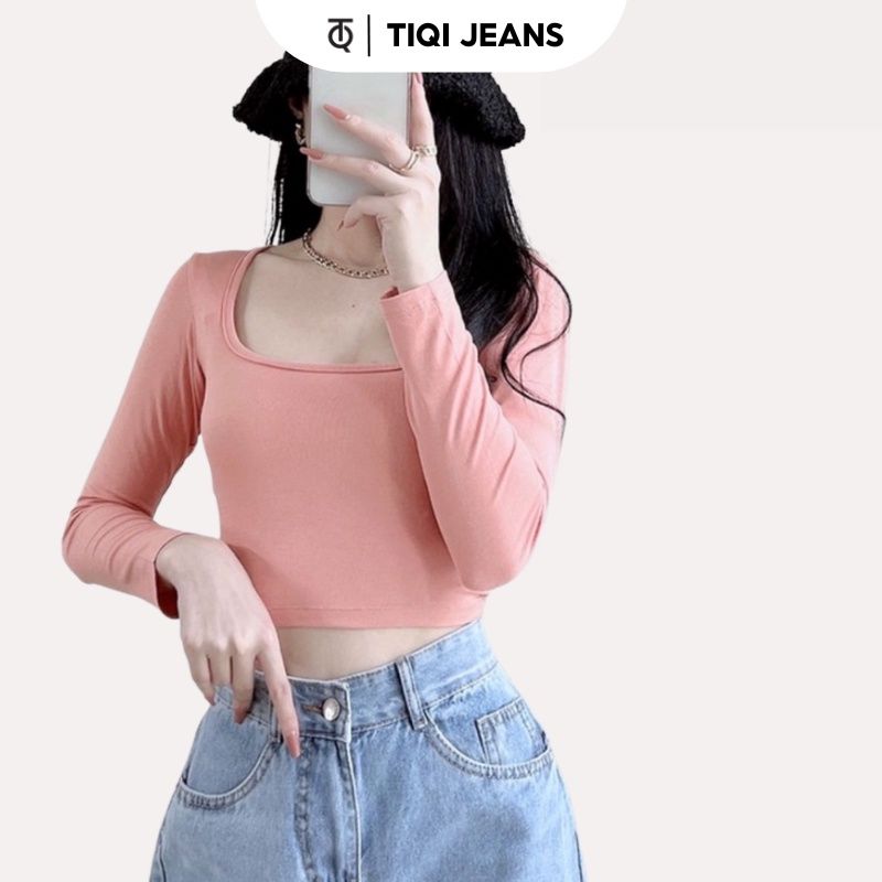  Áo croptop thun cotton tay dài cổ vuông nhiều màu TiQi Jeans A101 