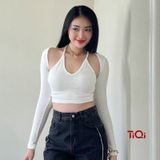  Áo croptop nữ dài tay ôm cổ yếm buộc dây hở lưng nhiều màu TiQi Jeans A-177 