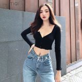  Áo croptop thun tay dài cổ tròn nút giữa nhiều màu TiQi Jeans A103 