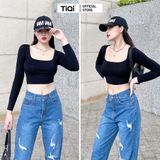  Quần baggy jean nữ rách gối cạp cao phong cách streetstyle Cao Cấp TiQi Jeans B1-221 