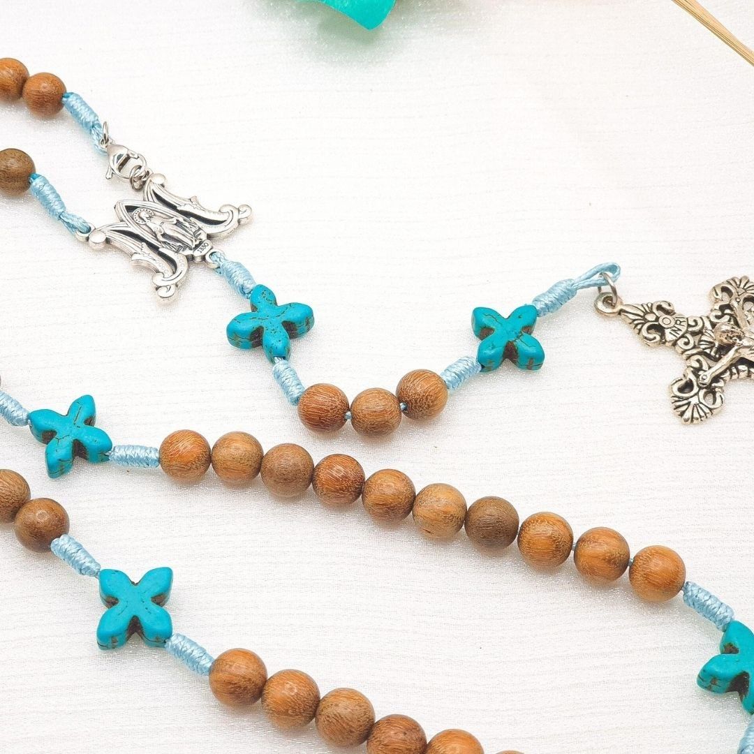  Wooden Light Turquoise Five Decade Necklace Rosary - Chuỗi mân côi đeo cổ hạt gỗ đính Mề Đay Huyền Nhiệm nhập Ý thiết kế handmade 