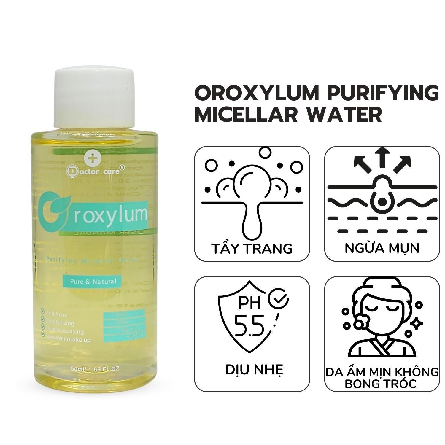  Nước tẩy trang  làm sạch da Oroxylum Purifying Micellar Water Doctor care dịu nhẹ dành cho da dầu mụn da nhạy cảm 50ml 