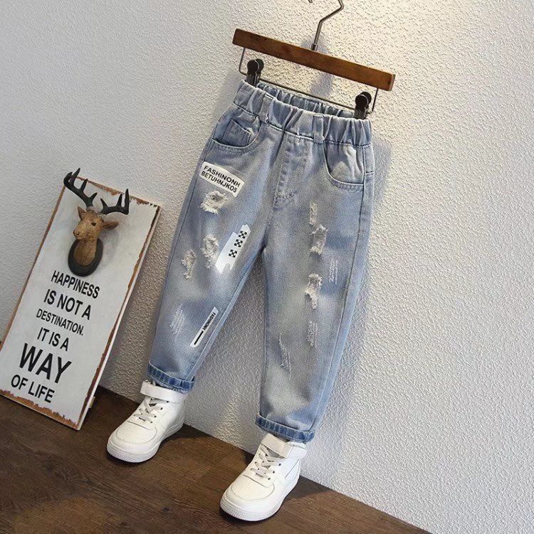  Quần jeans rách dáng rộng bé trai cao cấp, rách bụi phong cách 