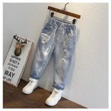  Quần jeans rách dáng rộng bé trai cao cấp, rách bụi phong cách 