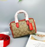  Túi Trống Coach Mini Rowan Crossbody In Signature Canvas Mầu Nâu Logo Viền Đỏ CR338 