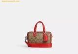  Túi Trống Coach Mini Rowan Crossbody In Signature Canvas Mầu Nâu Logo Viền Đỏ CR338 