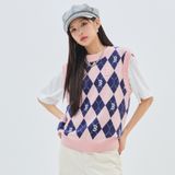  Áo Gile MLB Women's Argyle Monogram Vest New York Yankees Boston Red Sox 3Fkpm0334 màu xanh hồng 