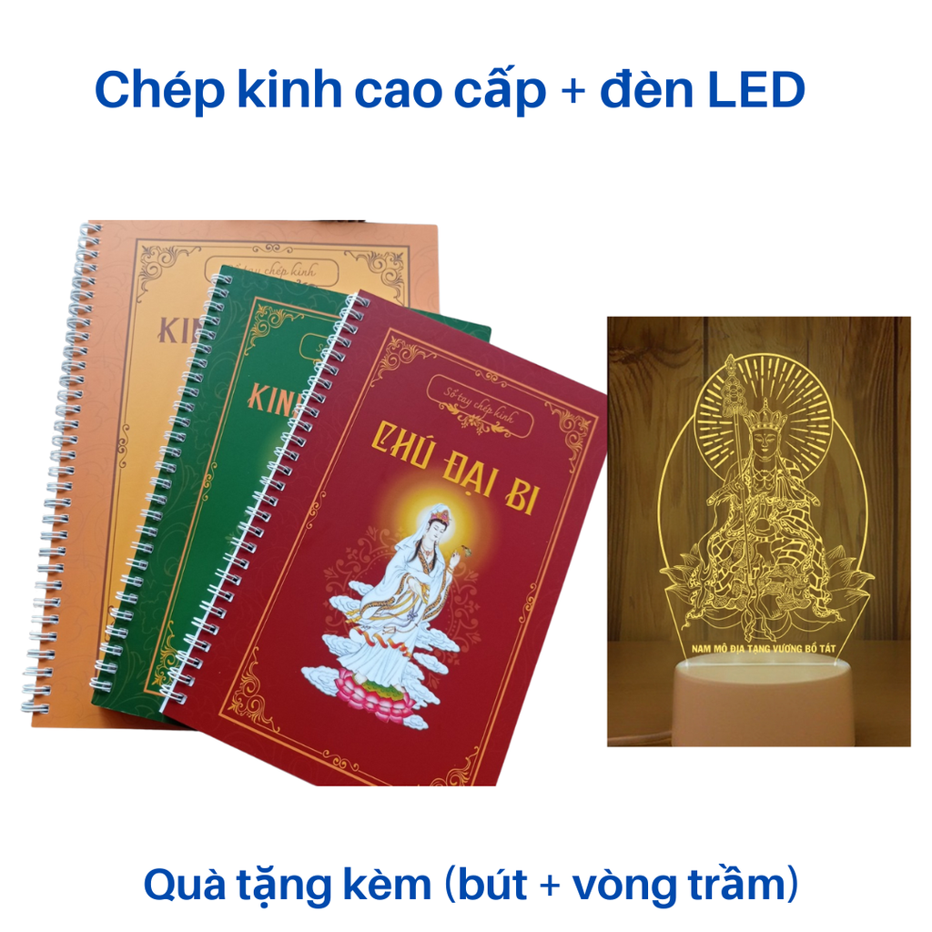 Combo 3 cuốn Sổ chép kinh in mờ cao cấp + Đèn led khắc tượng Địa Tạng Vương Bồ Tát ( Tặng kèm vòng trầm và bút )