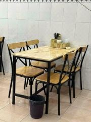 Bộ Bàn Chân Sắt Mặt gỗ cao su + 4 Ghế sắt chữ X