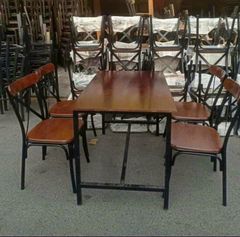 Bộ Bàn Chân Sắt Mặt gỗ cao su + 4 Ghế sắt chữ X