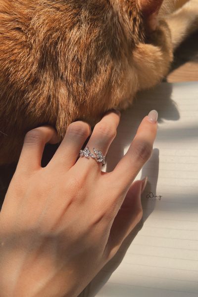  Nhẫn Bạc Hoạ Tiết Lá Gắn Đá Chạy Hai Bên Vào Giữa 