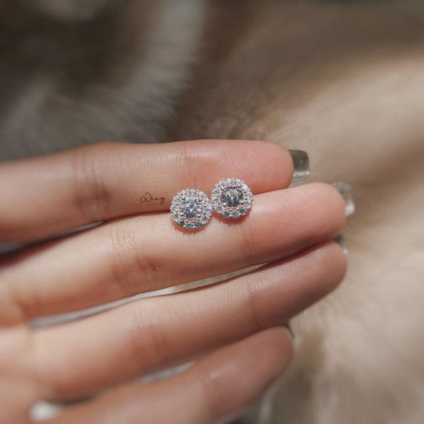  Khuyên Tai Đá Tròn Viền Đá 8mm (Đôi) 