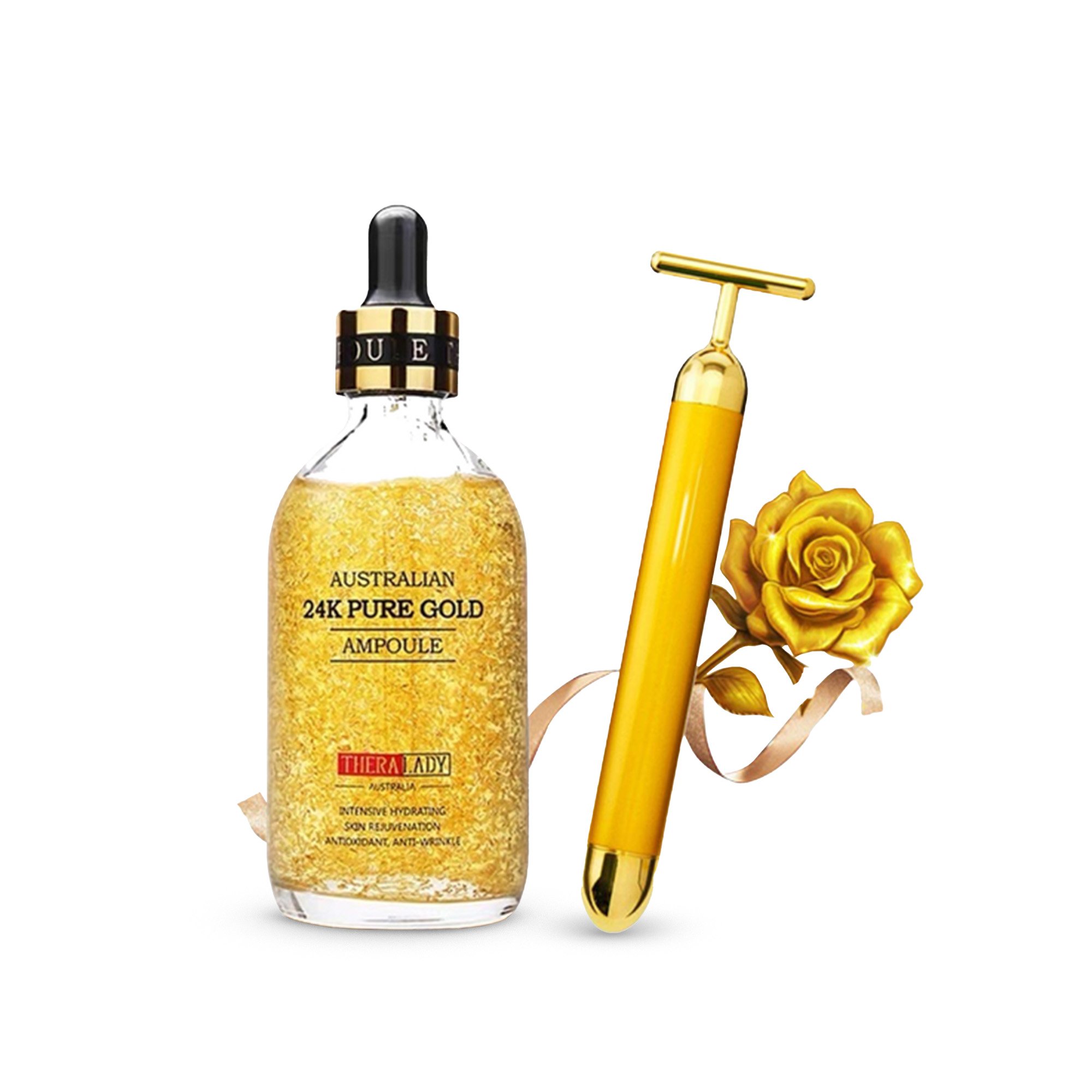 Bộ đôi Serum Tinh Chất Vàng 24k & Thanh lăn Pure Gold Ampoule Thera Lady  100ml (Date mới nhất) - Xuất xứ ÚcBộ đội Serum Tinh Chất Vàng 24k Thanh lăn  Pure