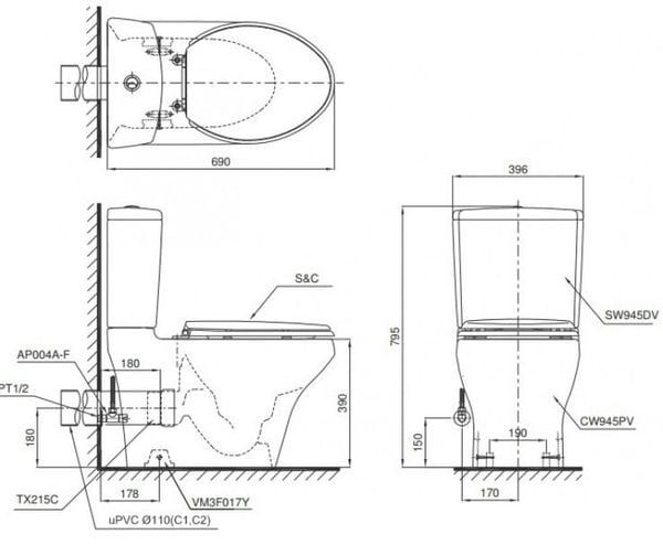  Bàn cầu 2 khối Toto CS945PDT10#XW 