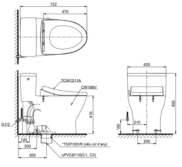 Bồn Cầu 1 Khối TOTO MS188VKE4#XW/T53P100VR - Bùi Minh