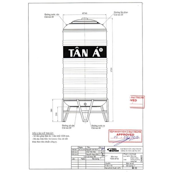  Bồn nước Tân Á Inox 700L đứng SUS 304 TA700(F740)D 