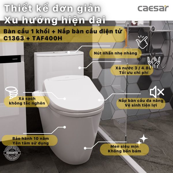 Bàn cầu 1 khối Caesar C1363 (Không nắp) + Nắp rửa TAF400H Bùi Minh