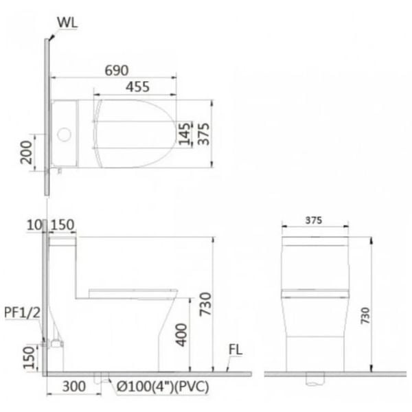 Bàn cầu 1 khối Caesar C1374 (không nắp) + nắp rửa TAF610H