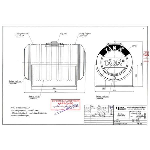  Bồn nước Tân Á Inox 500L ngang SUS 304 TA 500 (f740) 