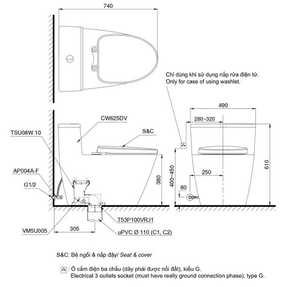 Bản vẽ kỹ thuật Bồn Cầu Điện Tử TOTO MS625DW16#XW - Bùi Minh