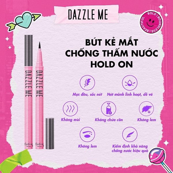 Bút Kẻ Mắt Nước Siêu Mảnh Chống Thấm Nước DAZZLE ME Hold On Waterproof Eyeliner 01 Black Màu Đen 2gr