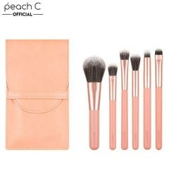 Bộ Cọ Trang Điểm Tiện Lợi 6 Món PEACH C Daily Make Up Brush Set Kèm Bao Da Màu CAM ĐÀO Siêu Xinh