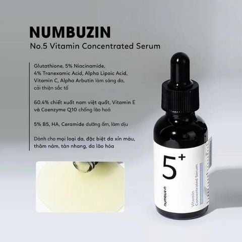 Tinh chất chống lão hoá, trắng sáng đều màu da Numbuzin No.5+ Vitamin Concentrated Serum 30ml