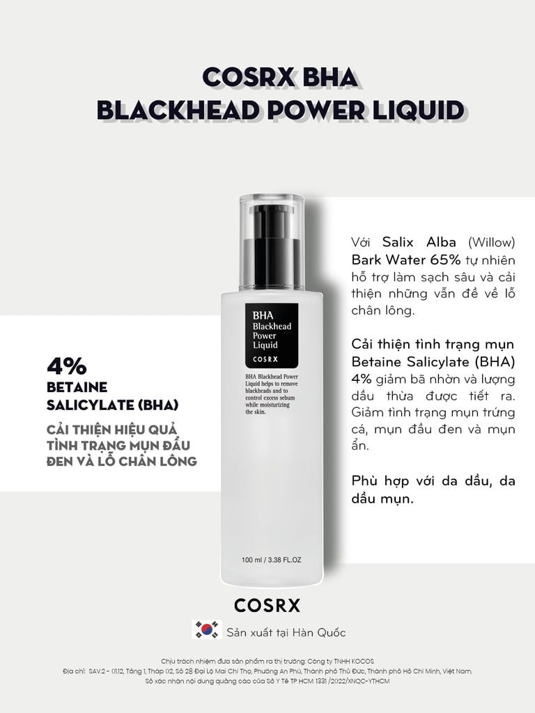 Tẩy Tế Bào Chết Hóa Học Trị Mụn Đầu Đen, Mụn Ẩn, Lỗ Chân Lông To Cosrx BHA Blackhead Power Liquid
