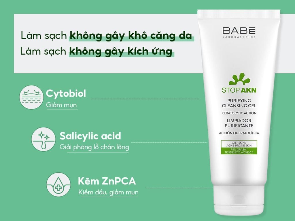 Sữa Rửa Mặt Cho Da Dầu Mụn BABE Laboratories Stop AKN Purifying Cleansing Gel