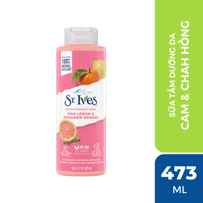 Sữa Tắm Chiết Xuất Cam Chanh Tẩy Tế Bào Chết Dịu Nhẹ St.IVES Radiant Skin Pink Lemon & Mandarin Orange Exfoliating Body Wash