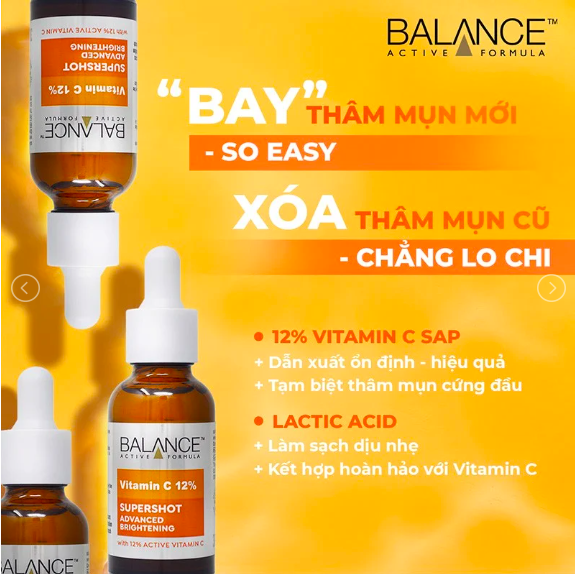 Tinh Chất Sáng Da, Mờ Thâm Mụn, Giảm Thâm Nám Balance Active Formula 12% Vitamin C Supershot 30ml