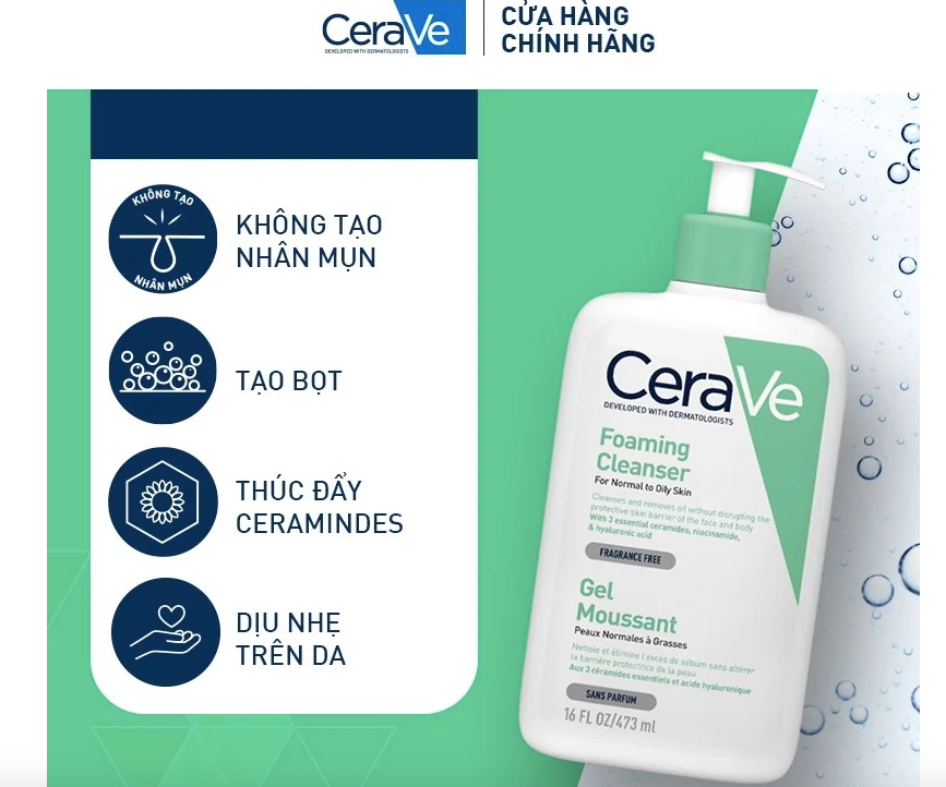 Sữa Rửa Mặt Sạch Sâu Cho Da Thường Đến Da Dầu Cerave Foaming Facial Cleanser
