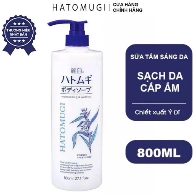 Sữa Tắm Dưỡng Ẩm, Trắng Da Chiết Xuất Ý Dĩ HATOMUGI Moisturizing & Washing The Body Soap 800ml