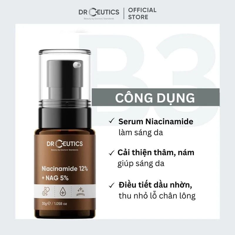Serum B3 Dr.Ceutics Niacinamide 12% + NAG 5% Hỗ Trợ Làm Sáng Da, Kiềm Dầu, Se Khít Lỗ Chân Lông 30 ml