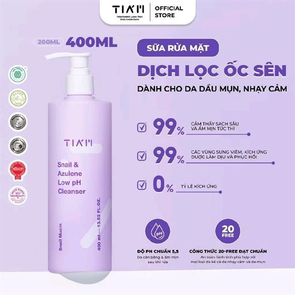 Sữa Rửa Mặt Tia'm Snail & Azulene Low PH Cleanser 200ml