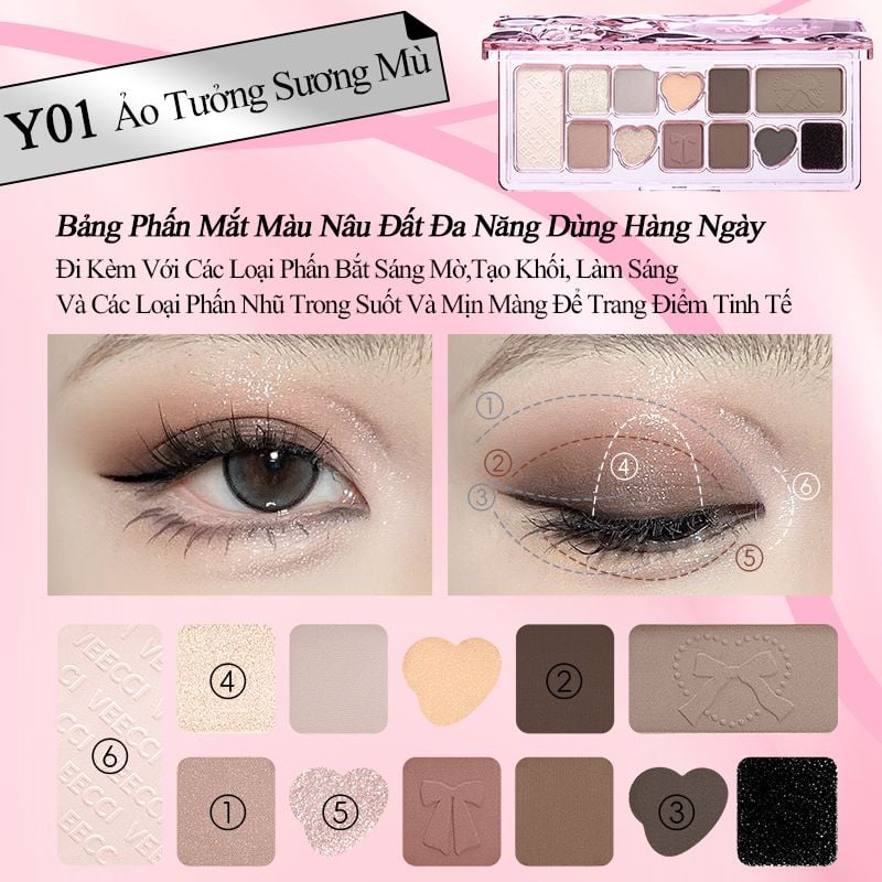 Bảng Phấn Mắt 12 Ô Bảng Phấn Mắt Hồng Nhũ Veecci