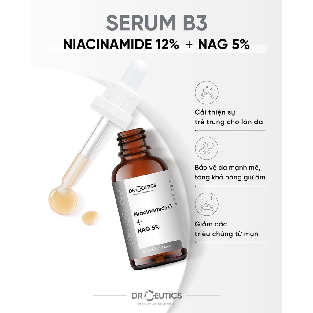 Serum B3 Dr.Ceutics Niacinamide 12% + NAG 5% Hỗ Trợ Làm Sáng Da, Kiềm Dầu, Se Khít Lỗ Chân Lông 30 ml