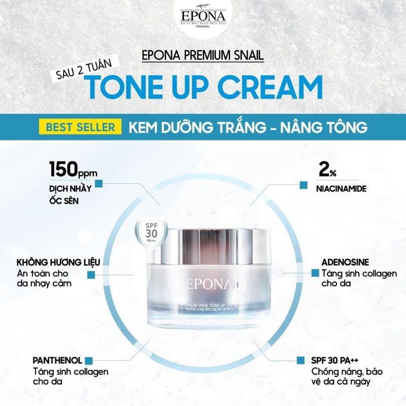 Kem Dưỡng Trắng Da, Nâng Tông Chiết Xuất Ốc Sên EPONA Premium Snail Tone Up Cream SPF 40/ PA++ 50ml