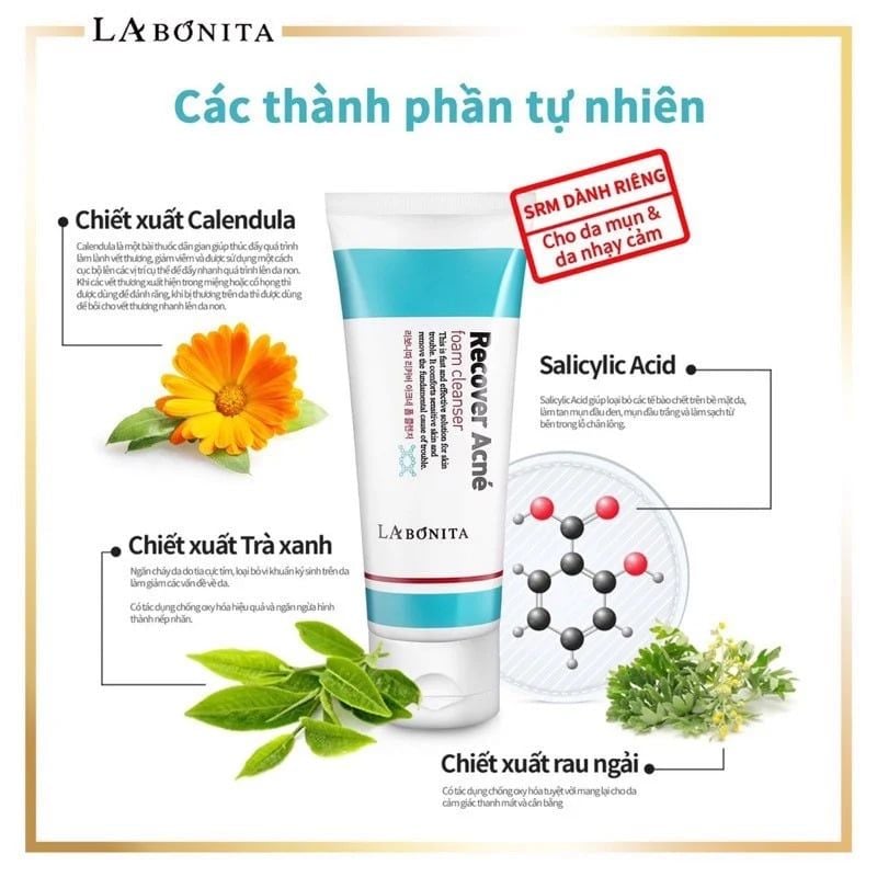 Sữa Rửa Mặt Làm Sạch Sâu, Giảm Sưng Viêm Cho Da Dầu Mụn La Bonita Recover Acne Foam Cleanser 100ml
