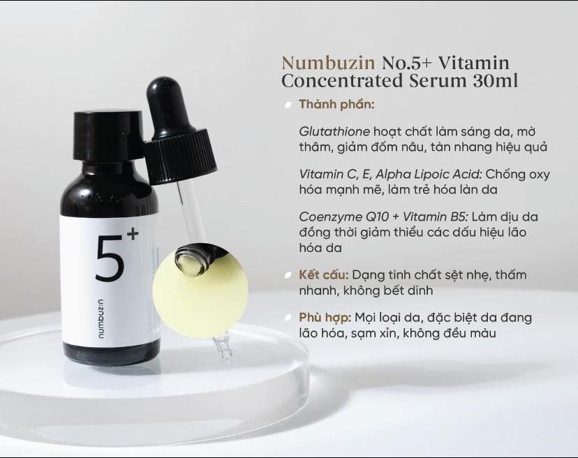 Tinh chất chống lão hoá, trắng sáng đều màu da Numbuzin No.5+ Vitamin Concentrated Serum 30ml