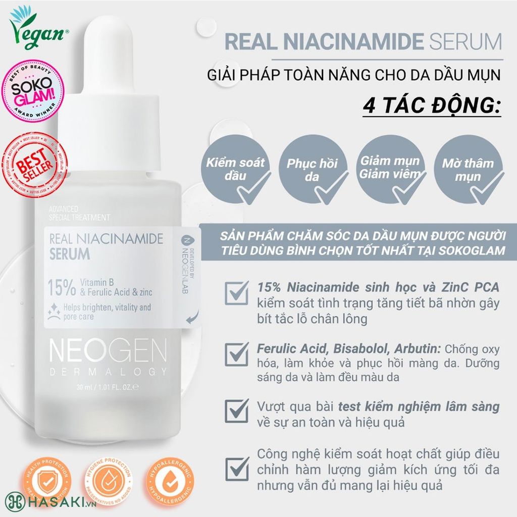 Tinh chất Serum Sinh Học Giảm Mụn Kiềm Dầu, Làm Sáng Da 15% Niacinamide Neogen